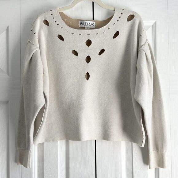 Wildfox Distressed Cutout Sweater Beige Cotton Wool Blend Size Small Soft Grunge